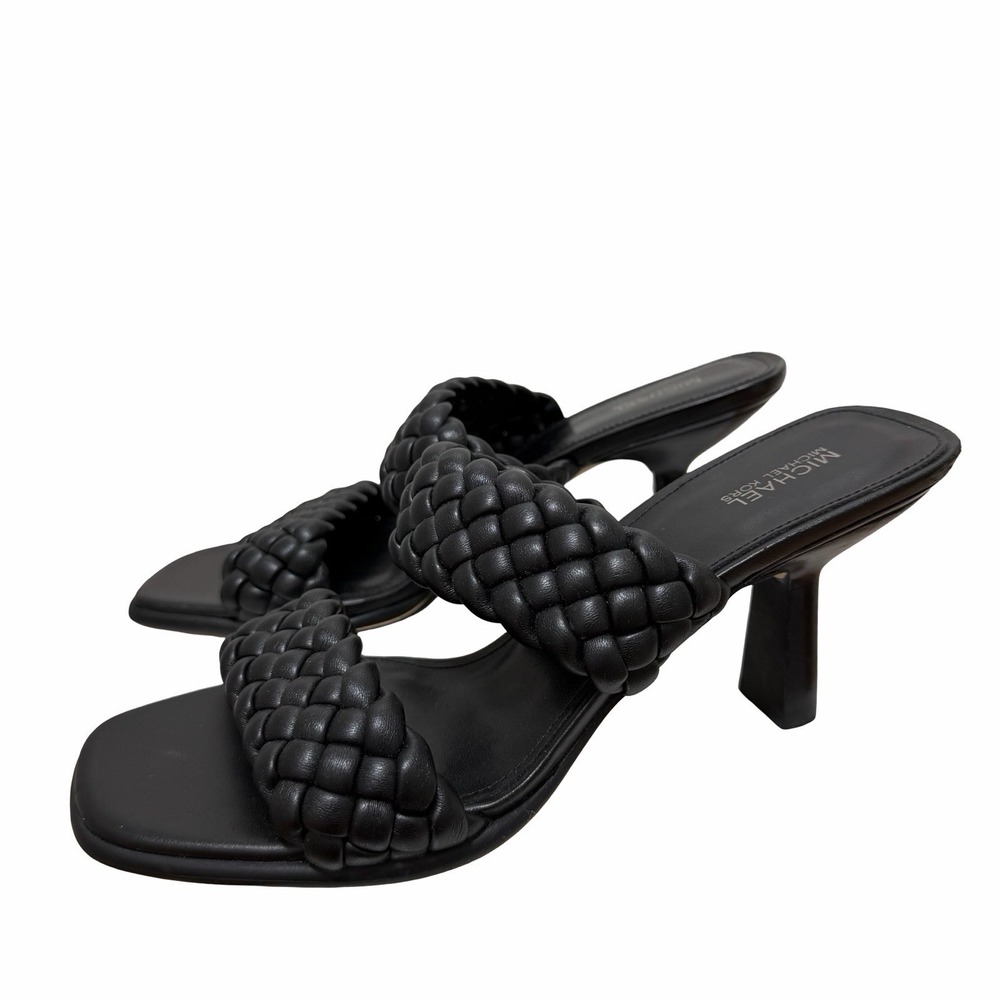 Michael Kors Amelia Mule Braided Leather Heeled Sandals Size 9 Black Modern Chic